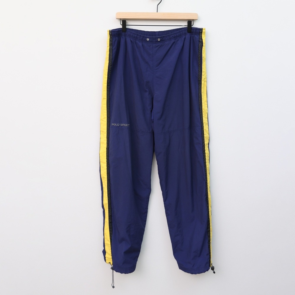 Polo Sport Ralph Lauren Mens Large Navy Yellow Stripe Nylon Track Pants Vintage